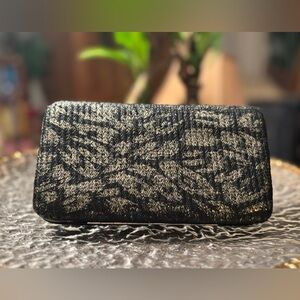 Rubi Textured Woven Hard-Case Clutch • Black & Taupe • Structured Evening Wallet